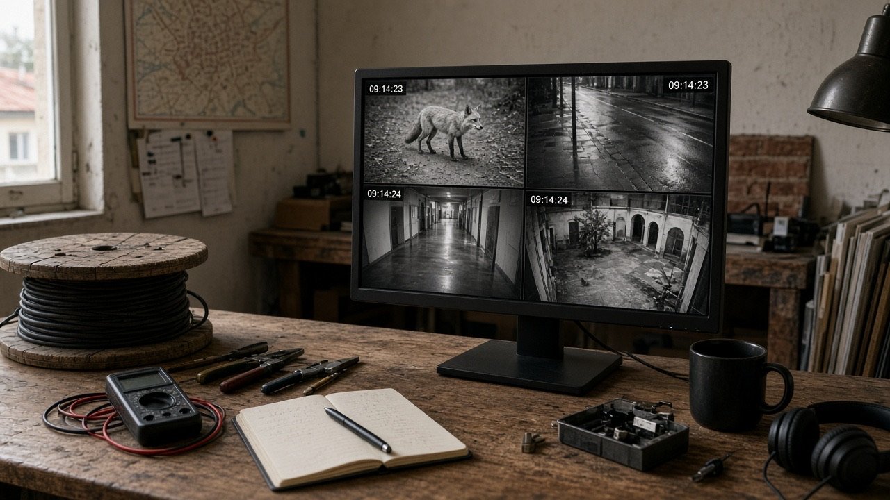 Pupitre avec quatre tuiles de vidéosurveillance